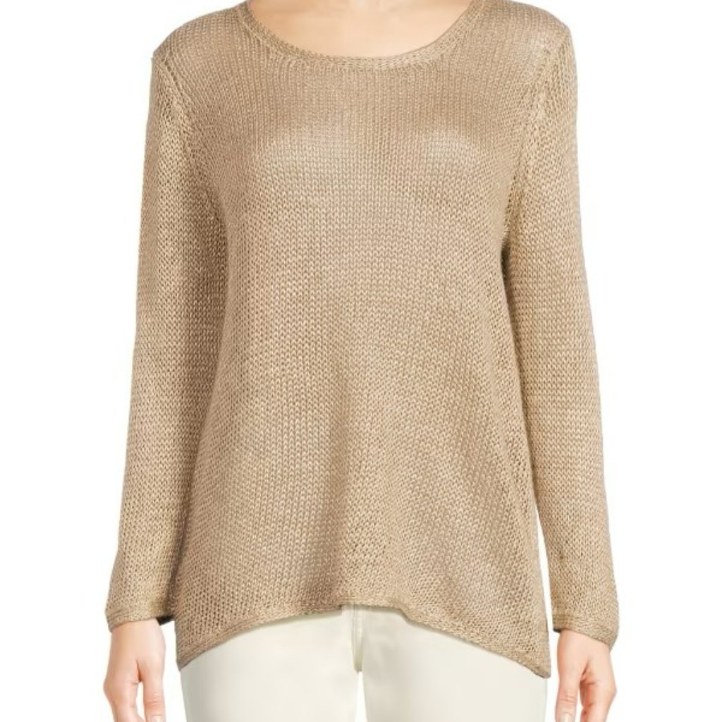 Coastal Summer Beachy Luxury Preppy J.Mclaughlin Linen Sweater Tan Cream Large